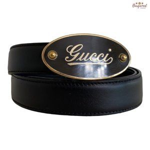 Authentic GUCCI Black Calfskin Leather Gold Signature Oval Buckle Belt 80/32